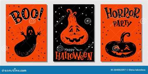 Halloween Hand Drawn Invitation Or Greeting Cards Vector Set