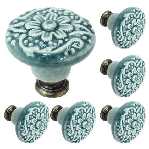 Biaungdo 6 Pcs Green Ceramic Kitchen Cabinet Knobs Retro Ceramic Dresser Knobs Vintage Round