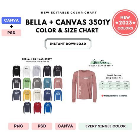 Bella Canvas 3501Y Color Size Chart EDITABLE Canva Template 3501Y Youth