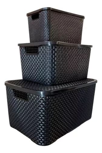 Kit 3 Caixas Organizadoras Rattan Preta Pequena Média Grande Cor Preto