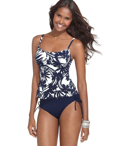 Caribbean Joe Swimsuit Scoop Neck Over The Shoulder Floral Printed Ruched Tankini Top Ruched