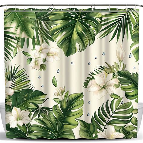 White And Green Tropical Rainforest Bathroom Shower Curtain With