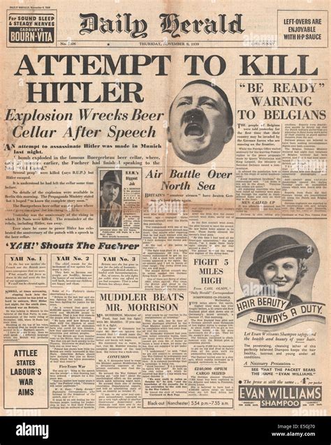 1939 Daily Herald Portada Presentación Intento De Asesinato De Adolf Hitler En El