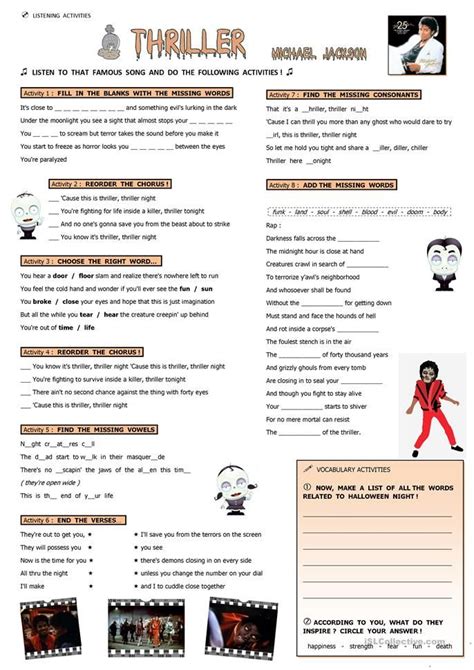 Thriller Mickael Jackson English Esl Worksheets In Learn