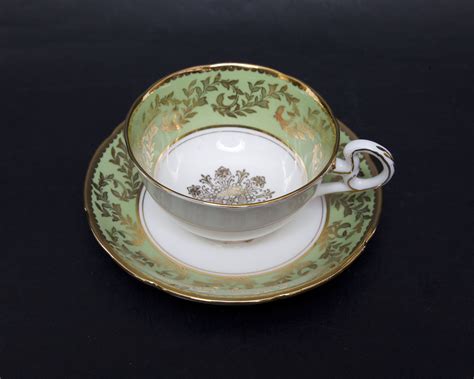 Vintage Royal Grafton Teacup And Saucer Mint Green Gold Filigree Bone