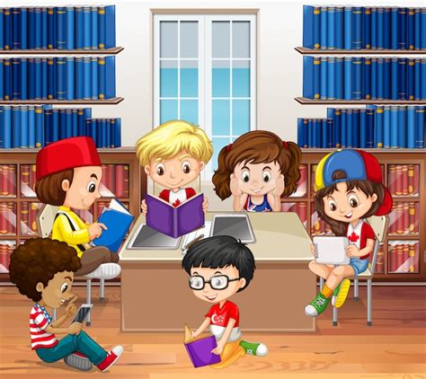 Niños Y Niñas Leyendo En La Biblioteca Vector Gratis