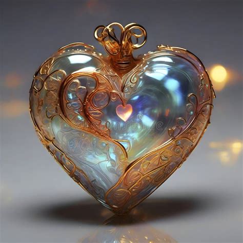 A Golden Glass Crystal Heart Shape With Floral Gold Design Stock