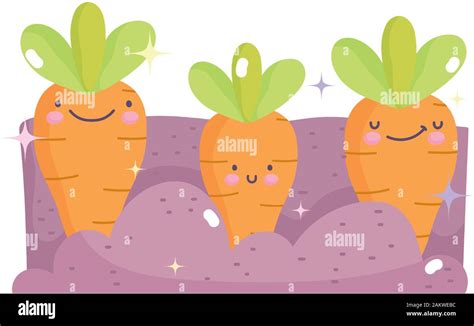 Kawaii Gardening Cartoon Happy Planted Carrots Vector Illustration