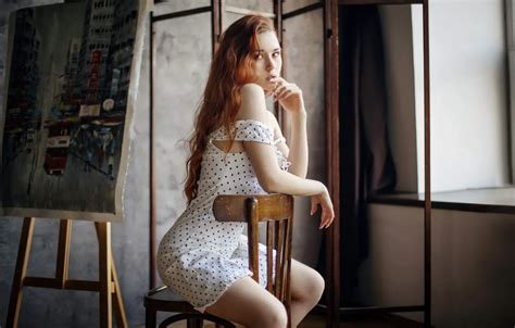 Wallpaper Look Girl Pose Dress Chair Red Redhead Shoulder For