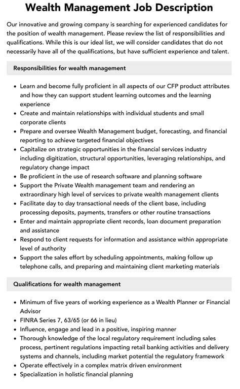 Wealth Management Job Description Velvet Jobs