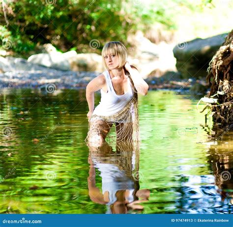 Woman In River White T Shirt Fishnet Stock Image Image Of Healthy