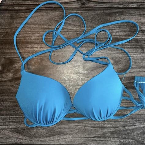Teal Blue Padded Bikini Bathing Suit Top Cross Tie Depop