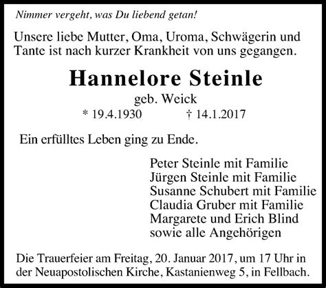 Traueranzeigen Von Hannelore Steinle Stuttgart Gedenkt De