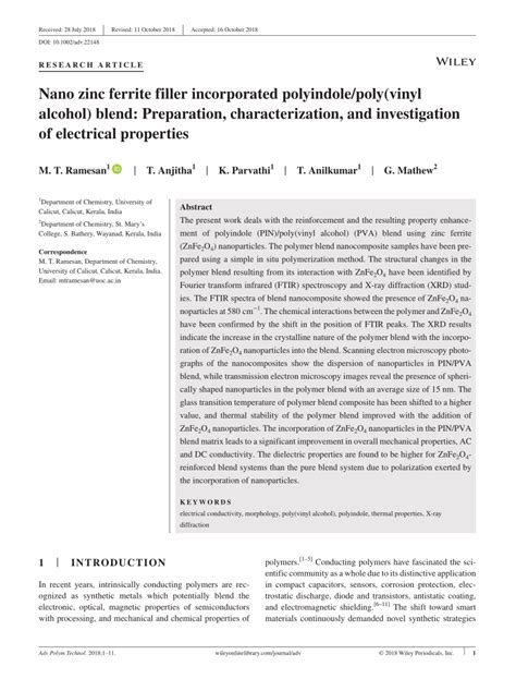 PDF Nano Zinc Ferrite Filler Incorporated Polyindole Poly Vinyl