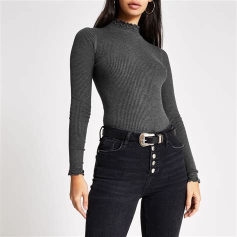 River Island Womens Grey Rib Knitted Frill Long Sleeve Top Long Sleeve Tops Work Outfit