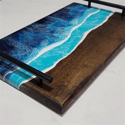 Tropical Blue Ocean Wave Epoxy Resin Charcuterie Board W Handles