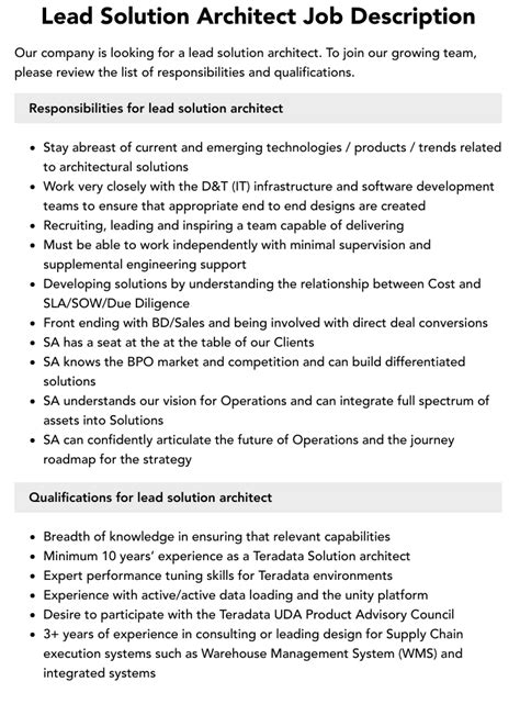 Lead Solution Architect Job Description Velvet Jobs