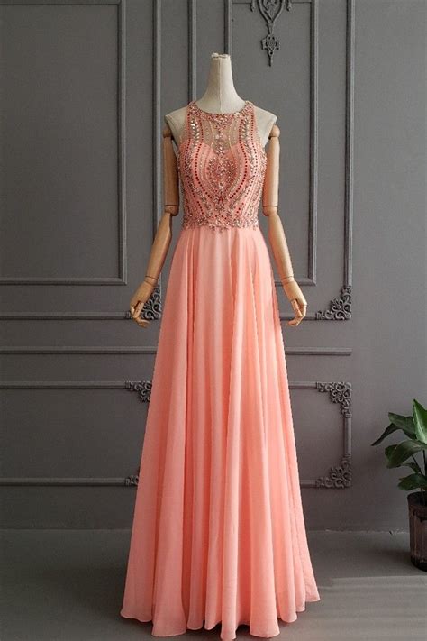 Gorgeous Long Coral Chiffon Beaded Prom Party Dress High Neck Sheer