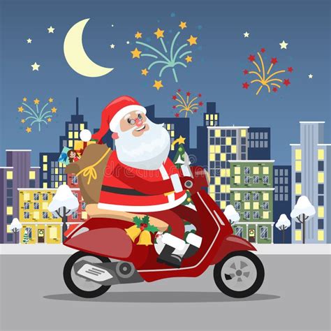 Funny Cute Santa Claus Riding On The Moped Stock Vector Illustration