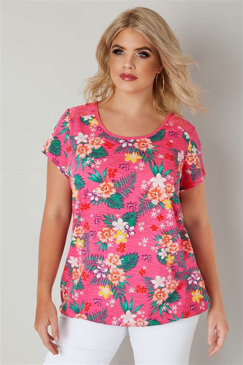 Pink Tropical Floral Lace Top Plus Size 16 To 36