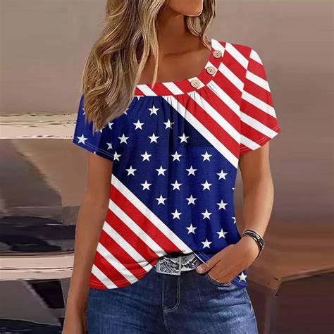 Lttvqm July 4th Spring Tops For Women 2024 Button Decoration Pleated Square Neck Short Sleeve