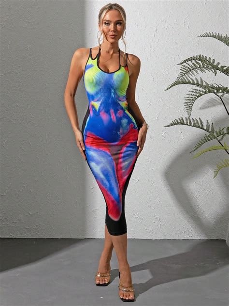 Shein Sxy Body Heat Map Print Criss Cross Backless Halter Neck Bodycon