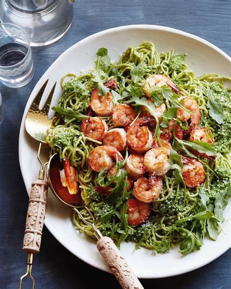 Arugula Pesto Pasta With Garlic Shrimp Whats Gaby Cooking Arugula