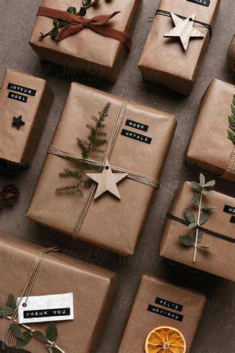 Overhead Of Different Rustic Christmas Gifts By Stocksy Contributor