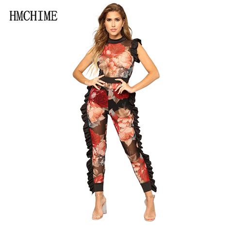 Sexy Club Mesh Women Jumpsuit Print Flowers Short Sleeve Female