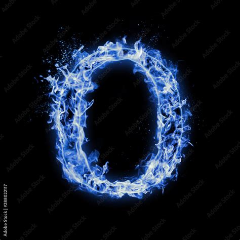 Letter O. Blue fire flames on black isolated background, realistic fire effect with sparks. Part ...