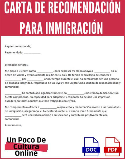 Carta de Recomendación para Inmigración Ejemplos Gratis