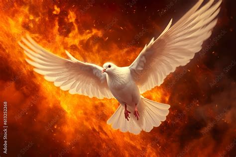 Pentecost Sunday Flying White Dove In Fire Background Symbol Of The