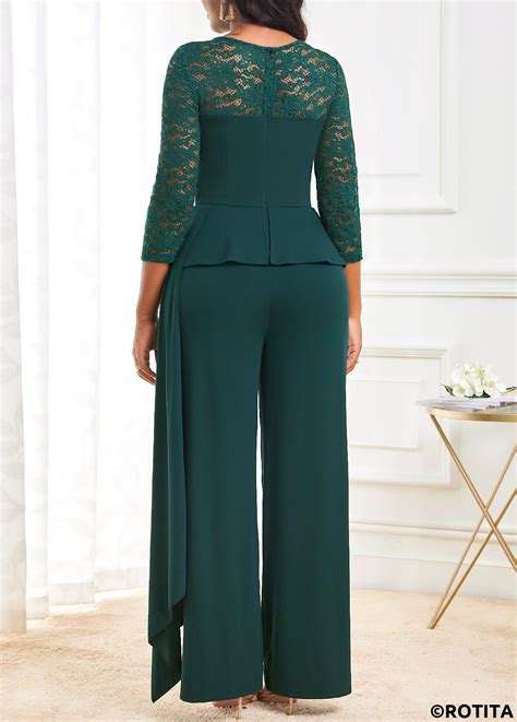 Rotita Lace Blackish Green Long Straight Leg Boat Neck Jumpsuit