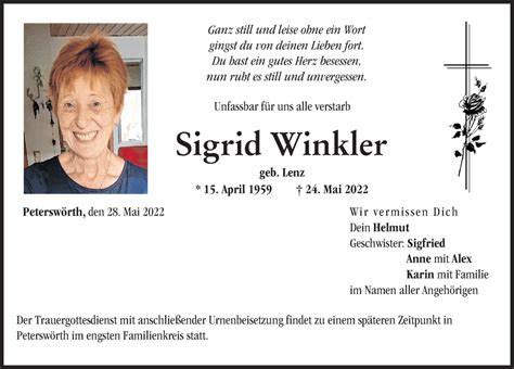 Traueranzeigen Von Sigrid Winkler Allg Uer Zeitung