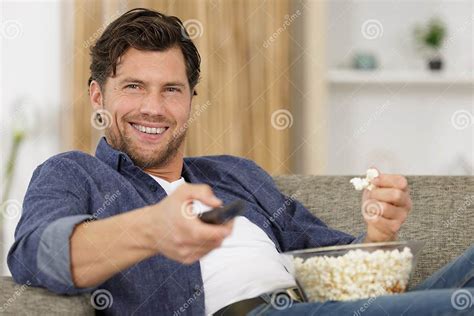 Man With Bowl Popcorn Watching Tv Stock Image Image Of