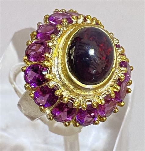 Art Deco Ring With Black Triple Opal Ct And Rhodolite Catawiki