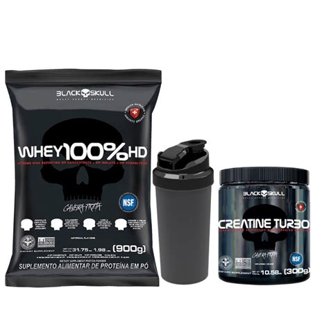 Kit Whey 100 HD Black Skull Creatina Turbo 300g Coqueteleira