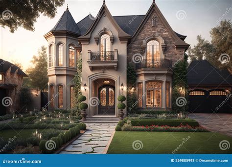 Beautiful Home Exterior Ai Generated Stock Illustration - Illustration of tree, lawn: 269885993