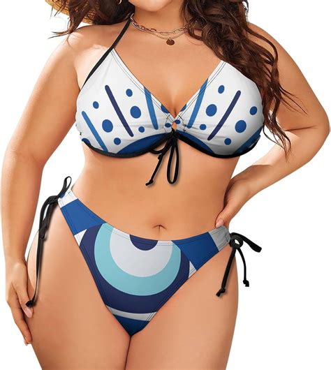 Women Evil Eye Plus Size String Triangle Bikini Set Adjustable Halter Side Tie Swimsuit