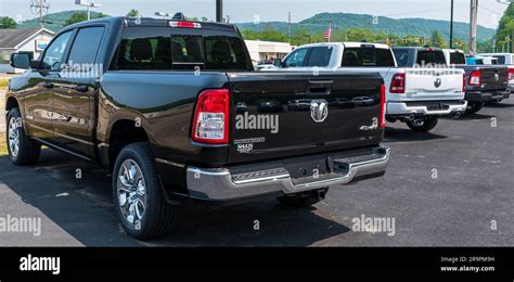 Different New Dodge Ram Pick Up Trucks Lined Up For Sale At A