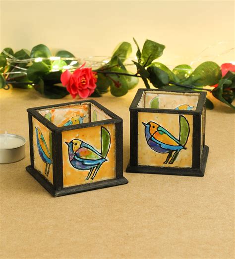 Buy Multicolor Glass And Mdf Tea Light Holders Set Of 2 By Aamori Online Table Tea Light