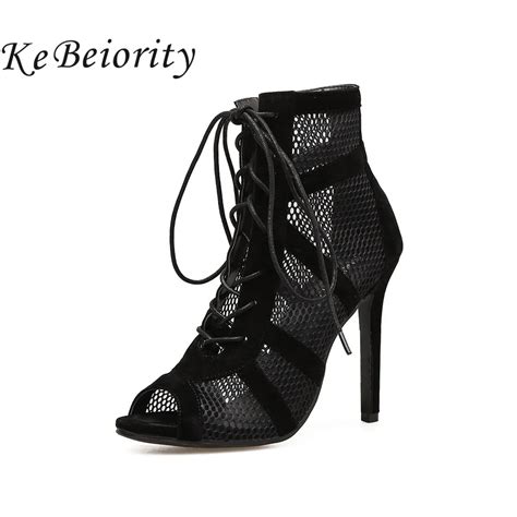 Kebeiority Women Summer Boots High Heels Open Toe Lace Up Black Ankle