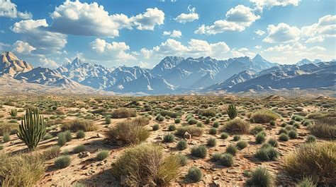 Rocky Desert Landscape With Sparse Vegetation And Mountains Peaks