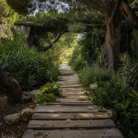 Premium Photo | A wooden walkway in a garden