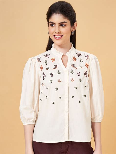 Buy Honey By Pantaloons Floral Embroidered Mandarin Collar Puff Sleeve