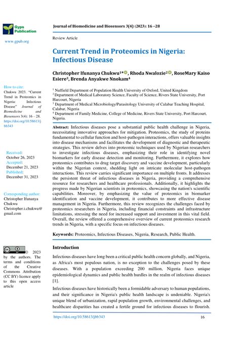 PDF Current Trend In Proteomics In Nigeria Infectious Disease