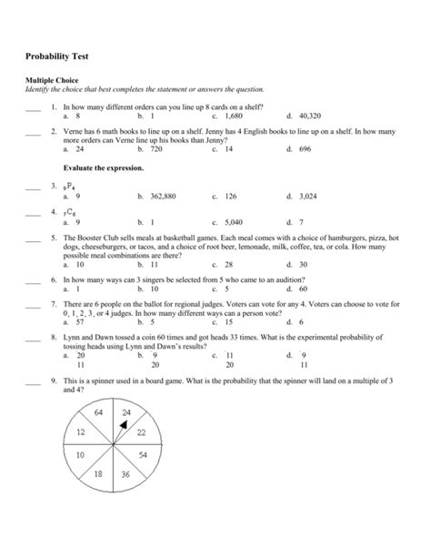 Probability Test Multiple Choice Identify The Choice That Best