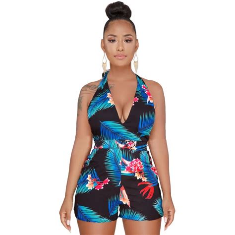 Leaf Print Sexy Playsuits V Neck Backless Halter Rompers Womens Jumpsuit Bohemian Beach Playsuit