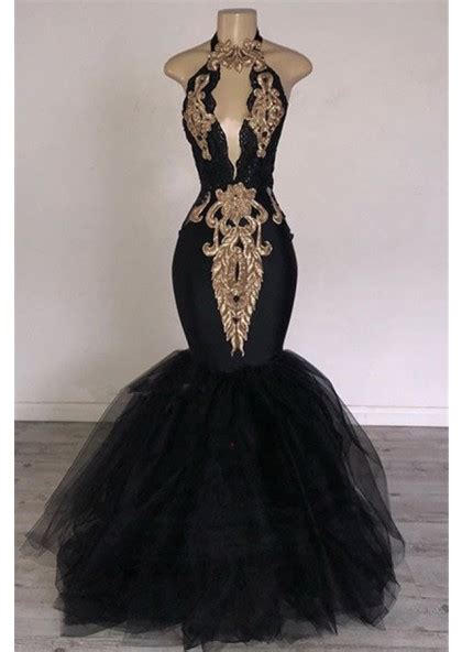 Sexy Black Mermaid Tulle With Gold Appliques V Neck Backless Prom