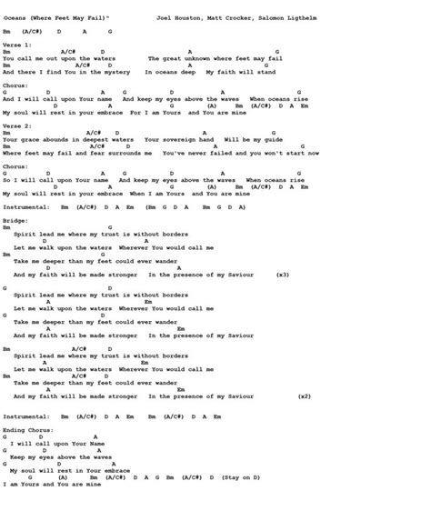 Oceans Hillsong Guitar Chord Sheet Guitar Chords Ukulele Songs